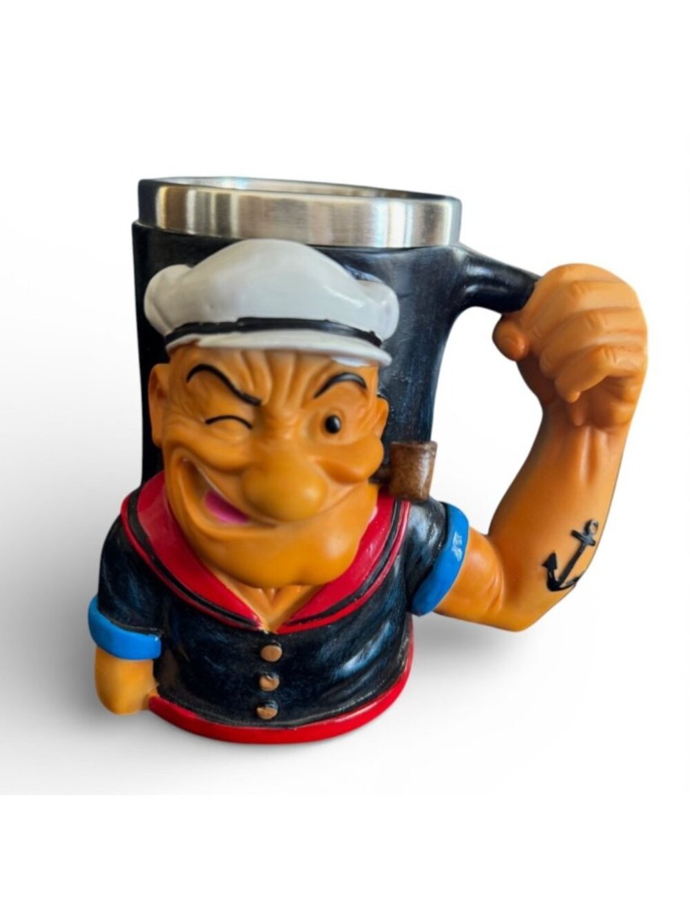 Popeye Sailor Mug Stein Cup Flexing Arm Anchor Pipe Stainless Lined NEW